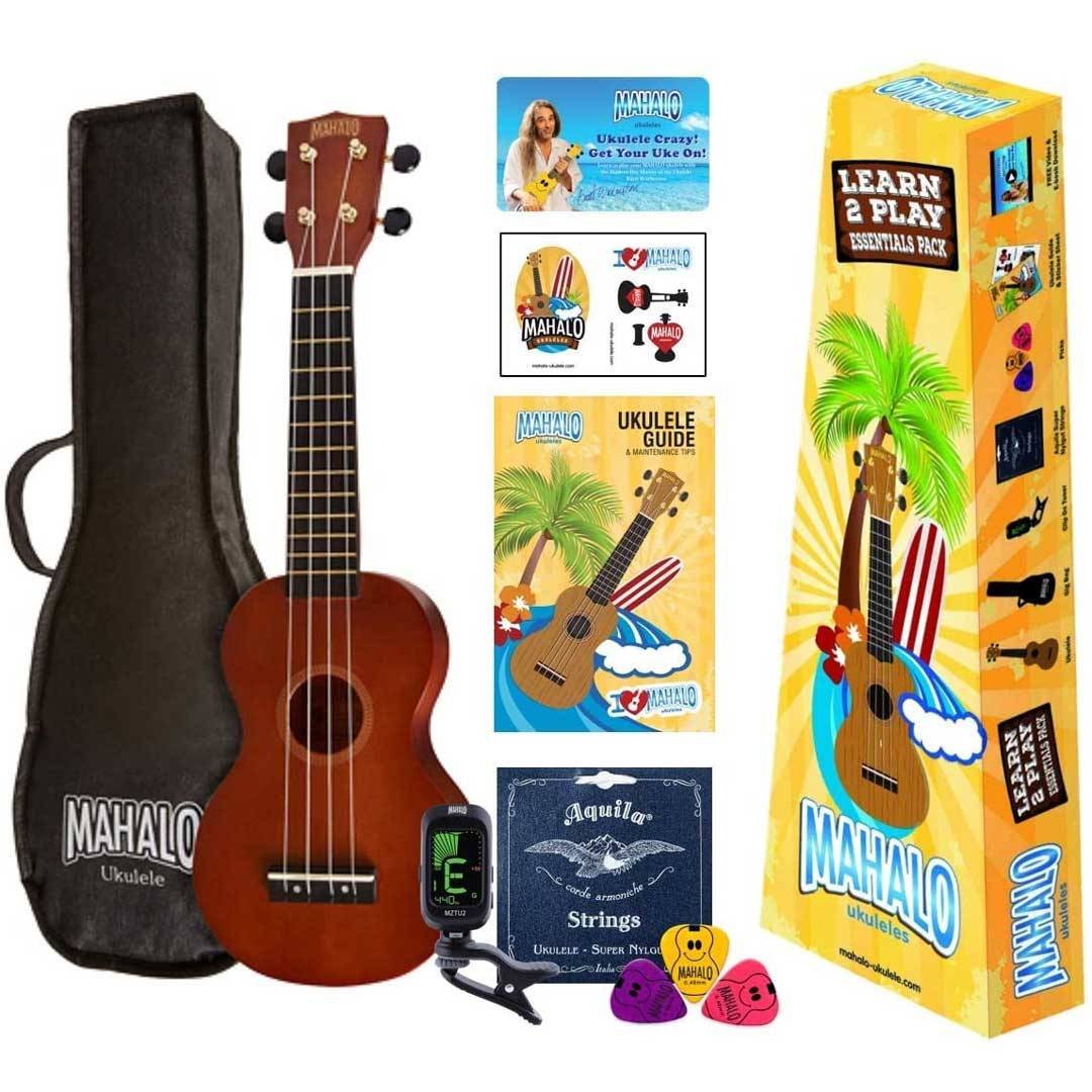 Mahalo Learn 2 Play Pack, Rainbow Soprano Brown Acoustic Ukulele